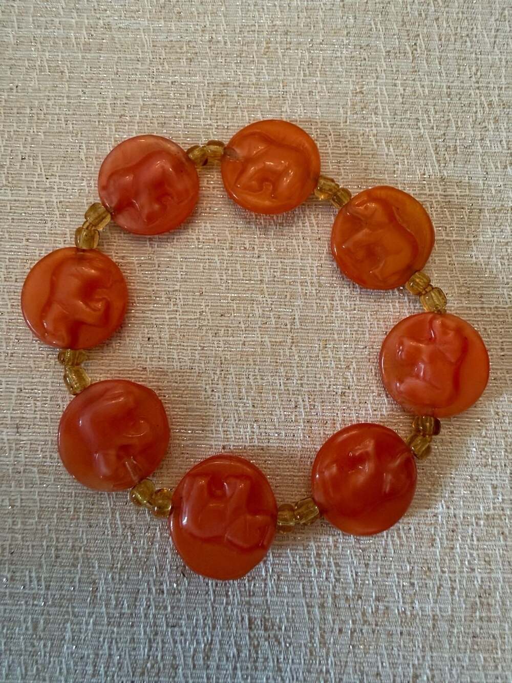 Vintage Orange Carved Elephant Bead Stretch Bracelet